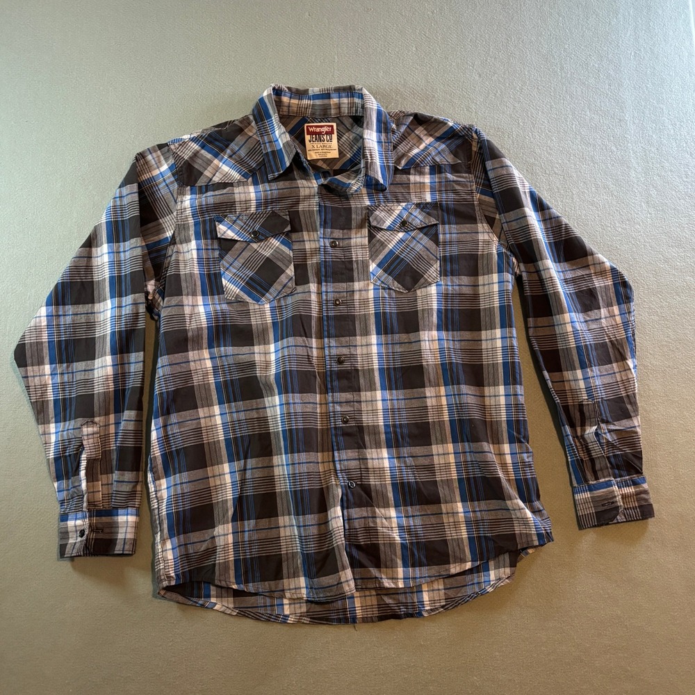Wrangler Jeans Co Plaid Western Shirt Mens XL Blue Black Long Sleeve Snap Pocket